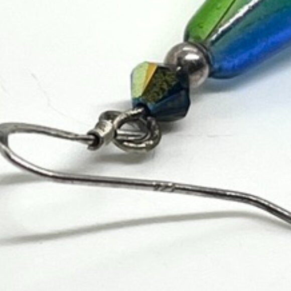 GREEN BLUE ART GLASS DROP EARRINGS STERLING 925 HOOKS HANDMADE MURANO STYLE - Picture 12 of 15